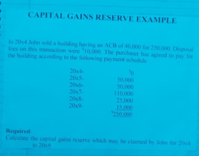 CAPITAL GAINS RESERVE EXAMPLE
In 20x4 John sold a building having an ACB of 40,000 for 250,000. Disposal
fees on this transaction were $10,000. The purchaser has agreed to pay for
the building according to the following payment schedule
20x4-
20x5-
20x6-
20x7-
20x8-
20x9-
50
50,000
50,000
110,000
25,000
15,000
$250,000
Required:
Calculate the capital gains reserve which may be claimed by John for 20x4
to 20x9