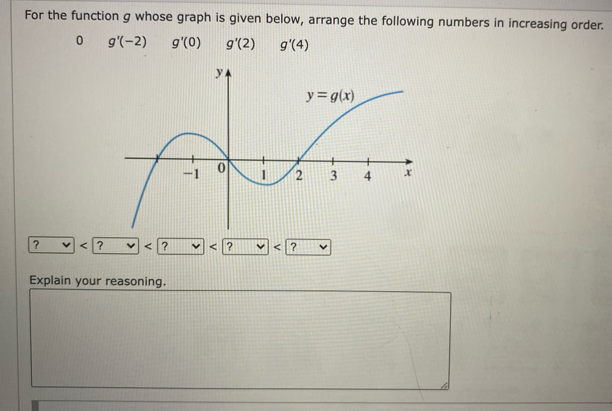 For the function g whose graph is given below, arrange the following numbers in increasing order.
g'(-2)
g'(0)
g'(2)
g'(4)
y = g(x)
3
4
<?
<?
< ?
く
Explain your reasoning.
