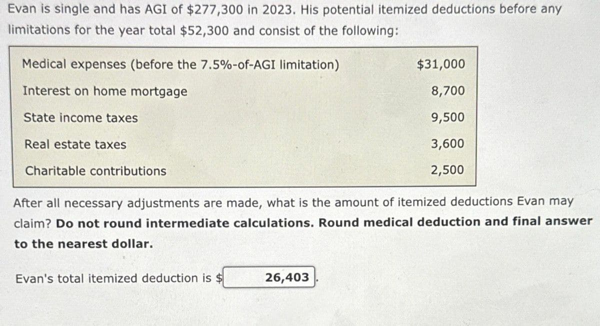 Evan is single and has AGI of $277,300 in 2023. His potential itemized deductions before any
limitations for the year total $52,300 and consist of the following:
Medical expenses (before the 7.5%-of-AGI limitation)
Interest on home mortgage
State income taxes
Real estate taxes
Charitable contributions
$31,000
8,700
9,500
3,600
2,500
After all necessary adjustments are made, what is the amount of itemized deductions Evan may
claim? Do not round intermediate calculations. Round medical deduction and final answer
to the nearest dollar.
Evan's total itemized deduction is $
26,403