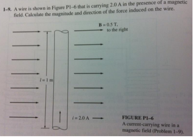 1-9. A wire is shown in Figure P1-6 that is carrying 2.0 A in the presence of a magnetic
field. Calculate the magnitude and direction of the force induced on the wire.
1=1 m
B=0.5 T.
to the right
||
i=2.0 A-
FIGURE P1-6
A current-carrying wire in a
magnetic field (Problem 1-9).