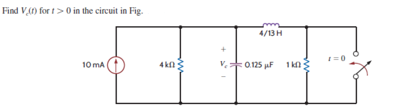 Find V.(t) for t> 0 in the circuit in Fig.
10 mA
4 ΚΩ
www
+
4/13 Η
V. t 0.125 με
I
1 ΚΩ
1=0