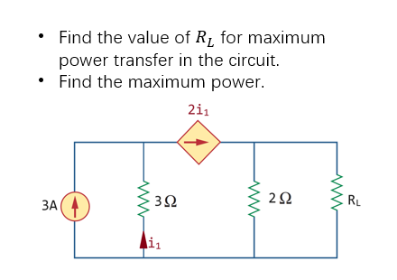 Find the value of R₁ for maximum
power transfer in the circuit.
Find the maximum power.
3A
www
-392
3Ω
i₁
211
292
ww
RL
