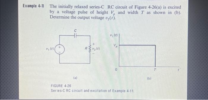 Example 4-11 The initially relaxed series-C RC circuit of Figure 4-26(a) is excited
by a voltage pulse of height V and width T as shown in (b).
Determine the output voltage v₂(1).
V₁ (2)
(a)
Rv₂(t)
v₁ (2)
FIGURE 4-26
Series-C RC circuit and excitation of Example 4-11.
(b)
T
