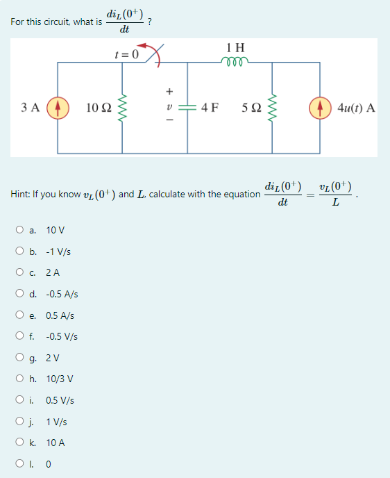 For this circuit, what is
3 A
a. 10 V
O b. -1 V/s
O c.
2 A
diL (0+)
dt
d. -0.5 A/s
e.
0.5 A/s
O f. -0.5 V/s
g. 2 V
O h. 10/3 V
O i. 0.5 V/s
O j.
1 V/s
Ok.
10 A
O I. 0
10 92
t=0
ww
+51
V
: 4 F
1 H
m
Hint: If you know (0+) and L, calculate with the equation
592
diL (0+)
dt
=
4u(t) A
VL (0+)
L
