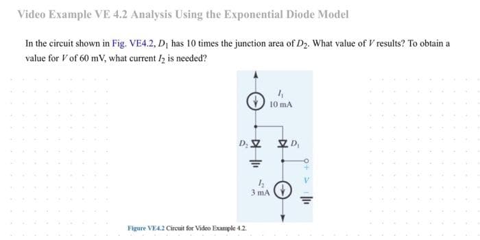 Video Example VE 4.2 Analysis Using the Exponential Diode Model
In the circuit shown in Fig. VE4.2, D₁ has 10 times the junction area of D₂. What value of V results? To obtain a
value for V of 60 mV, what current I2 is needed?
D₂ Z
4 11
Figure VE4.2 Circuit for Video Example 4.2.
4₂
3 mA
4₁
10 mA
D₁