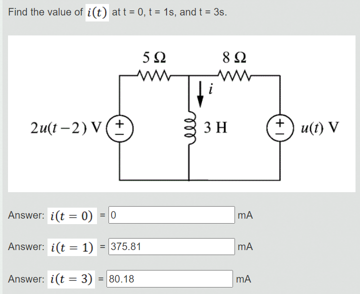 Find the value of i(t) at t = 0, t = 1s, and t = 3s.
2u(t-2) V(+
592
Answer: i(t = 0) = 0
Answer: i(t = 1) = 375.81
Answer: i(t = 3) = 80.18
ell
8 Ω
www
3 H
mA
mA
mA
+1
+ u(t) V