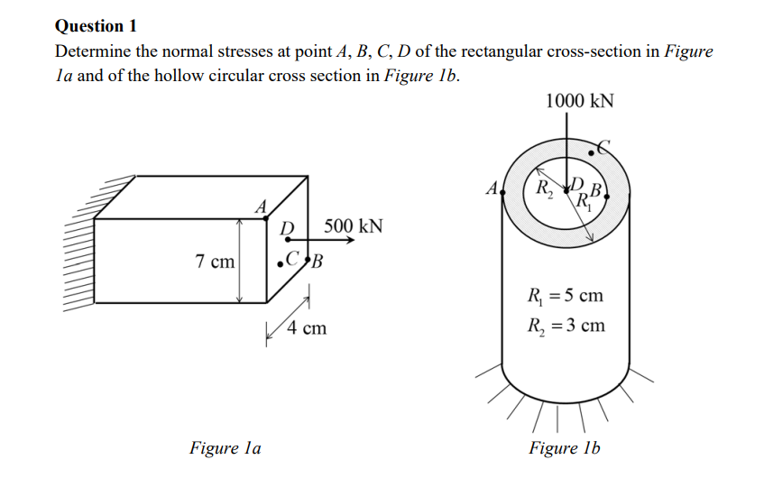 Question 1
Determine the normal stresses at point A, B, C, D of the rectangular cross-section in Figure
la and of the hollow circular cross section in Figure 1b.
7 cm
A
Figure la
500 KN
D
.CB
4 cm
A
1000 KN
R₂
DE
R₁
B
R₁ = 5 cm
R₂ = 3 cm
Figure lb