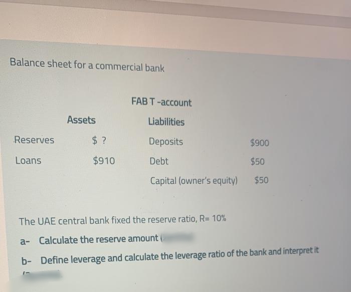 Balance sheet for a commercial bank
FAB T-account
Assets
Liabilities
Reserves
$ ?
Deposits
$900
Loans
$910
Debt
$50
Capital (owner's equity)
$50
The UAE central bank fixed the reserve ratio, R= 10%
a- Calculate the reserve amount
b- Define leverage and calculate the leverage ratio of the bank and interpret it
