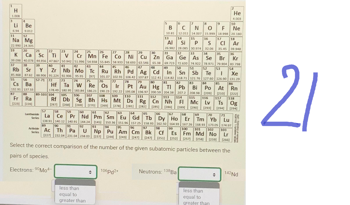H
1.008
3
4
Li Be
6.94
9.012
12
Na Mg
22.990 24.305
11
19
20
22
K
Sc Ti
Ca
39.098 40.078 44.956 47.867
37 38
40
39
Rb Sr
Y
Zr
85.468 87.62 88.906 91.224
57-71 72
55
Cs
Ba
132.91 137.33
87
56
Fr
[223]
88
Ra
[226]
21
89-103 104
Lanthanide
Series
Actinide
Series
23
24
25
26
Cr Mn Fe
51.996 54.938 55.845
42 43 44
V
50.942
41
Nb Mo Tc
92.906 95.95 [97]
73 74 75
Hf Ta W
178.49 180.95 183.84
105 106
Re
186.21 190.23 192.22
107 108
109
Rf Db Sg Bh Hs Mt
[267] [268] [269] [270] [269] [278]
7
BC'N
Ne
10.81 12.011 14.007 15.999 18.998 20.180
13
17
18
14
15
16
"Al Si P S Cl
Р
Ar
39.948
26.982 28.085 30.974 32.06 35.45
31
32 33 34 35
27
28
29
Zn
Ga Ge As Se Br
Co Ni Cu
58.933 58.693 63.546
45 46 47
65.38
48
69.723 72.630 74.922 78.971 79.904
49
50
51 52 53
Ru Rh Pd Ag Cd In Sn Sb
Sb Te I
101.07 102.91
76 77
106.42
78
107.87 112.41 114.82
79 80 81
118.71 121.76 127.60 126.90
82
83
84 85
86
Os Ir Pt Au Hg Tl Pb Bi Po At Rn
195.08
110
196.97 200.59 204.38 207.2
112 113
111
114
208.98 [209] [210] [222]
115
116 117 118
Ds
Rg Cn Nh FI Mc Lv
[281] [282] [285] [286] [289] [290] [293] [294]
Ts Og
[294]
57
58
59
60
61
La Ce Pr
138.91 140.12 140.91
89 90
Nd Pm
144.24 [145]
92 93
91
Pa
[227] 232.04 231.04 238.03
Ac Th
U
less than
equal to
greater than
30
5
106pd2+
8
9
OF
Neutrons: 138 Ba
62
63
64
65
66
67
68
69
70
Sm Eu Gd Tb Dy Ho Er Tm Yb
150.36 151.96 157.25 158.93 162.50 164.93 167.26 168.93 173.05
94 95 96 97 98 99
100 101 102
Np Pu Am Cm Bk Cf Es Fm Md No
[237] [244] [243] [247] [247] [251] [252] [257] [258] [259] [266]
less than
equal to
greater than
103
Select the correct comparison of the number of the given subatomic particles between the
pairs of species.
Electrons: 90 Mo4-
2
Lr
He
4.003
36
71
174.97
Lu
10
Kr
83.798
54
Xe
131.29
MEDEL MANUEL L. ZULUETA
Institute of Chemistry-UPD
142Nd
2
