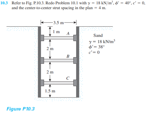10.3 Refer to Fig. P.10.3. Redo Problem 10.1 with y = 18 kN/m², 4' = 40°, c' = 0,
and the center-to-center strut spacing in the plan = 4 m.
- 3.5 m
1 m
A
Sand
y = 18 kN/m³
$'= 38°
c'= 0
2 m
B
2 m
1.5 m
Figure P10.3

