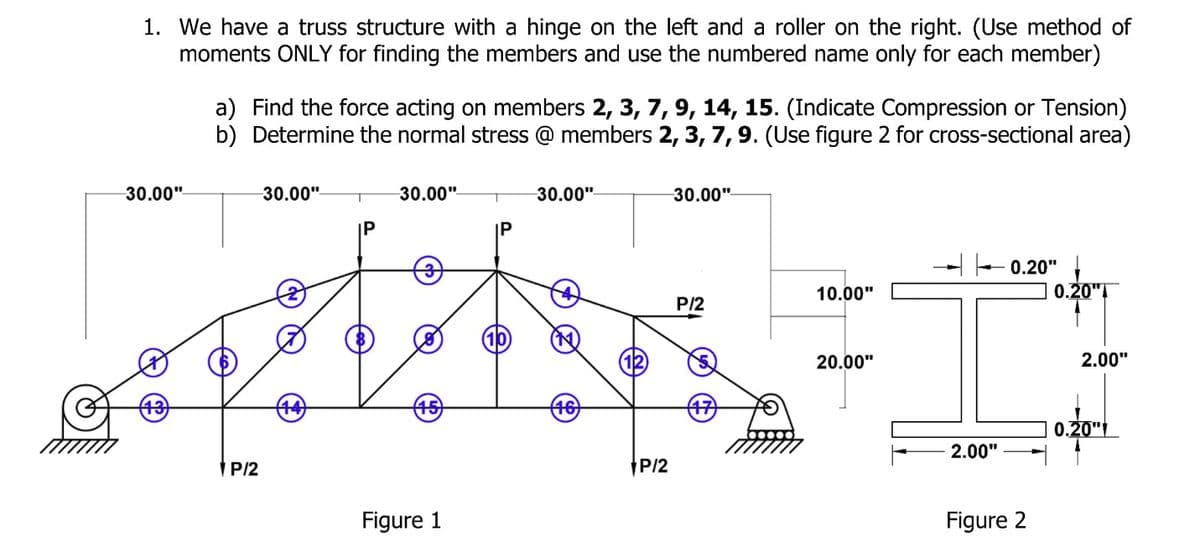 1. We have a truss structure with a hinge on the left and a roller on the right. (Use method of
moments ONLY for finding the members and use the numbered name only for each member)
30.00"
a) Find the force acting on members 2, 3, 7, 9, 14, 15. (Indicate Compression or Tension)
b) Determine the normal stress @ members 2, 3, 7, 9. (Use figure 2 for cross-sectional area)
P/2
30.00" T
IP
30.00" T
Figure 1
30.00"
P/2
30.00"
P/2
10.00"
20.00"
2.00"
0.20"
Figure 2
0.20"
2.00"
0.20"!