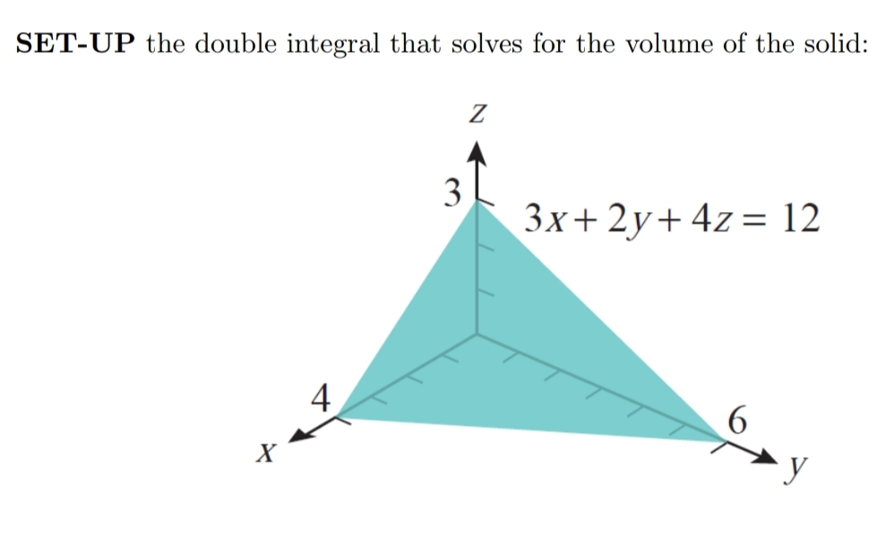 SET-UP the double integral that solves for the volume of the solid:
3
3x+ 2y+ 4z= 12
4
6.
X
