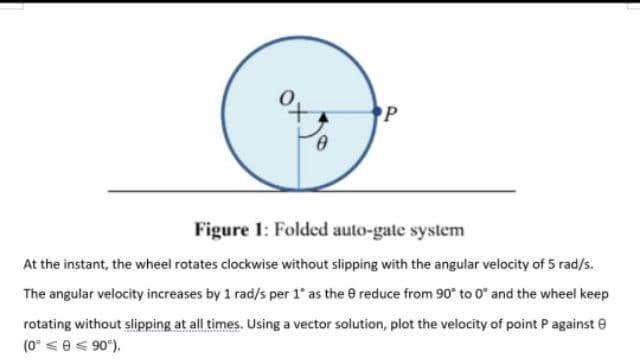 Figure 1: Folded auto-gate system
At the instant, the wheel rotates clockwise without slipping with the angular velocity of 5 rad/s.
The angular velocity increases by 1 rad/s per 1° as the 8 reduce from 90" to 0" and the wheel keep
rotating without slipping at all times. Using a vector solution, plot the velocity of point P against e
(0° <e< 90°).

