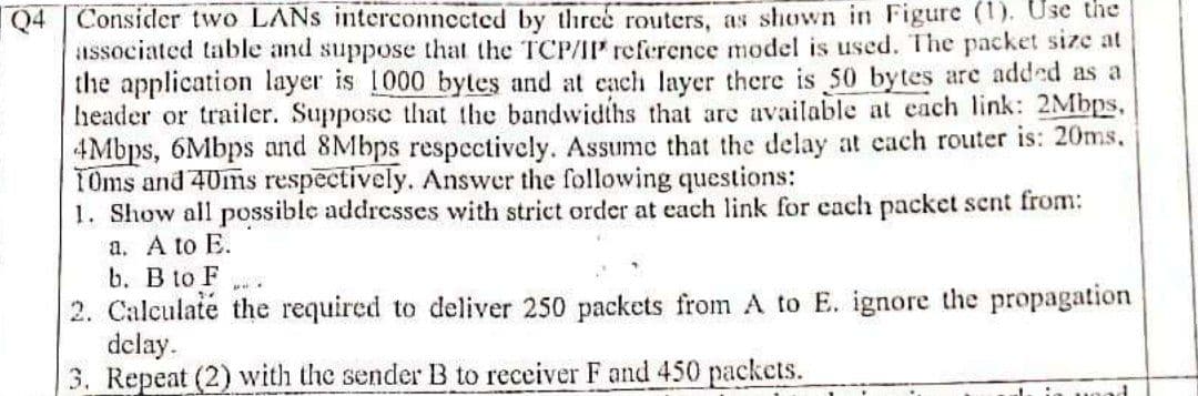 04 Consider two LANS interconnected by three routers, as shown in Figure (1). Use the
associated table and suppose that the TCP/II reference model is used. The packet size at
the application layer is 1000 bytes and at cach layer there is 50 bytes are added as a
header or trailer. Suppose that the bandwidths that are available at each link: 2Mbps,
4Mbps, 6Mbps and 8Mbps respectively. Assume that the delay at each router is: 20ms,
T0ms and 40ms respectively. Answer the following questions:
1. Show all possible addresses with strict order at each link for each packet sent from:
a. A to E.
b. B to F
2. Calculate the required to deliver 250 packets from A to E. ignore the propagation
dclay.
3. Repeat (2) with the sender B to receiver F and 450 packets.
