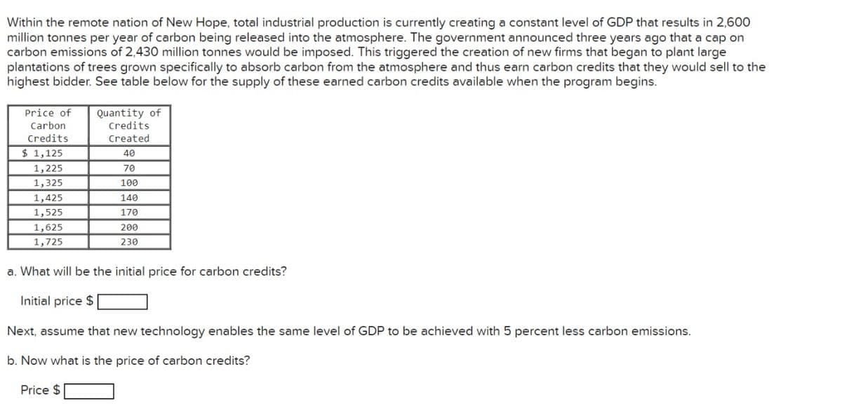 Within the remote nation of New Hope, total industrial production is currently creating a constant level of GDP that results in 2,600
million tonnes per year of carbon being released into the atmosphere. The government announced three years ago that a cap on
carbon emissions of 2,430 million tonnes would be imposed. This triggered the creation of new firms that began to plant large
plantations of trees grown specifically to absorb carbon from the atmosphere and thus earn carbon credits that they would sell to the
highest bidder. See table below for the supply of these earned carbon credits available when the program begins.
Quantity of
Credits
Price of
Carbon
Credits
Created
$ 1,125
40
1,225
70
1,325
100
1,425
140
1,525
170
1,625
200
1,725
230
a. What will be the initial price for carbon credits?
Initial price $
Next, assume that new technology enables the same level of GDP to be achieved with 5 percent less carbon emissions.
b. Now what is the price of carbon credits?
Price $
