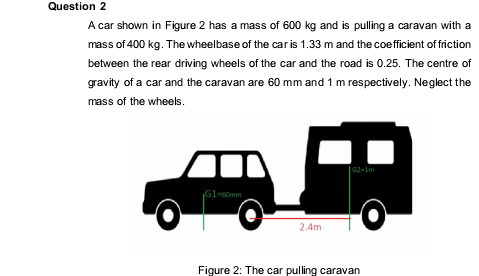 Question 2
A car shown in Figure 2 has a mass of 600 kg and is pulling a caravan with a
mass of 400 kg. The wheelbase of the car is 1.33 m and the coefficient of friction
between the rear driving wheels of the car and the road is 0.25. The centre of
gravity of a car and the caravan are 60 mm and 1 m respectively. Neglect the
mass of the wheels.
62-1m
G1-6omm
2.4m
Figure 2: The car pulling caravan
