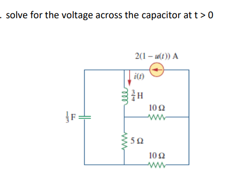 solve for the voltage across the capacitor at t > 0
2(1 – u(t)) A
H.
10 Ω
ww-
10Ω
ww
