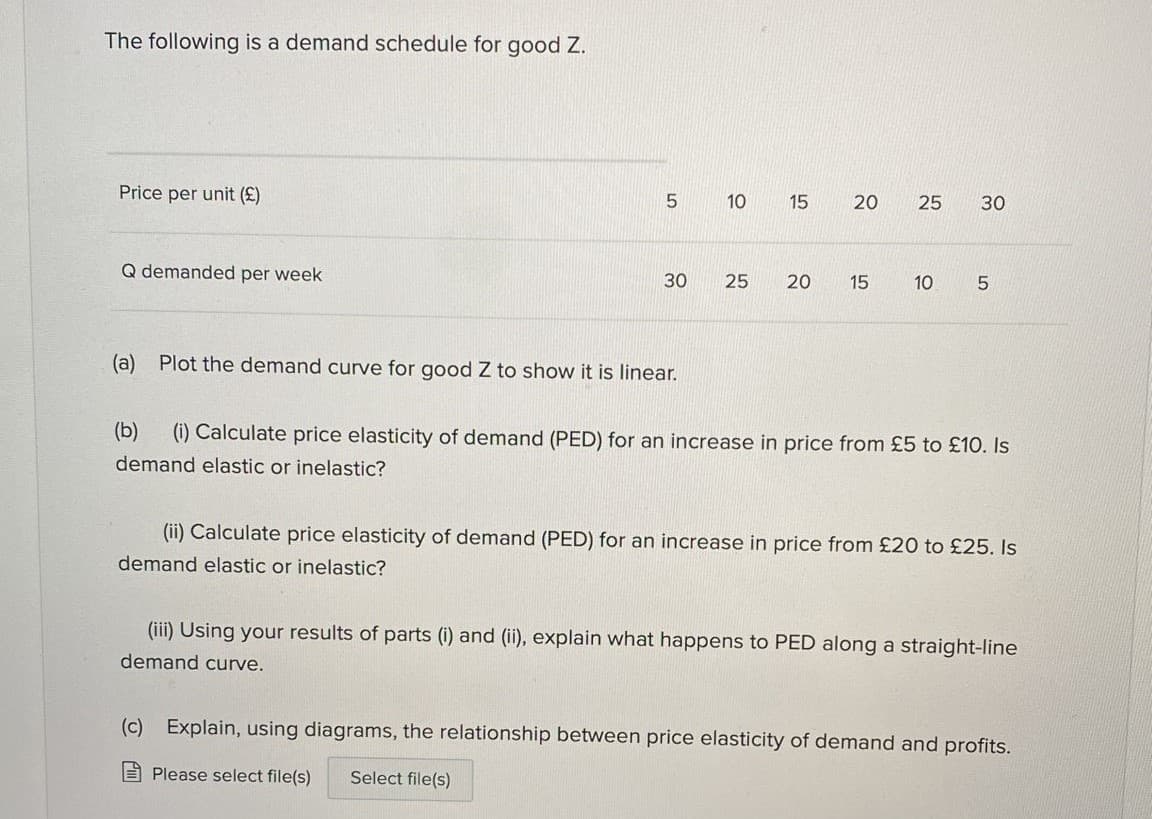 The following is a demand schedule for good Z.
Price per unit (£)
10
15
20
25
30
Q demanded per week
30
25
15
10
(a) Plot the demand curve for good Z to show it is linear.
(b)
(i) Calculate price elasticity of demand (PED) for an increase in price from £5 to £10. Is
demand elastic or inelastic?
(ii) Calculate price elasticity of demand (PED) for an increase in price from £20 to £25. Is
demand elastic or inelastic?
(iii) Using your results of parts (i) and (ii), explain what happens to PED along a straight-line
demand curve.
(c) Explain, using diagrams, the relationship between price elasticity of demand and profits.
E Please select file(s)
Select file(s)
20
