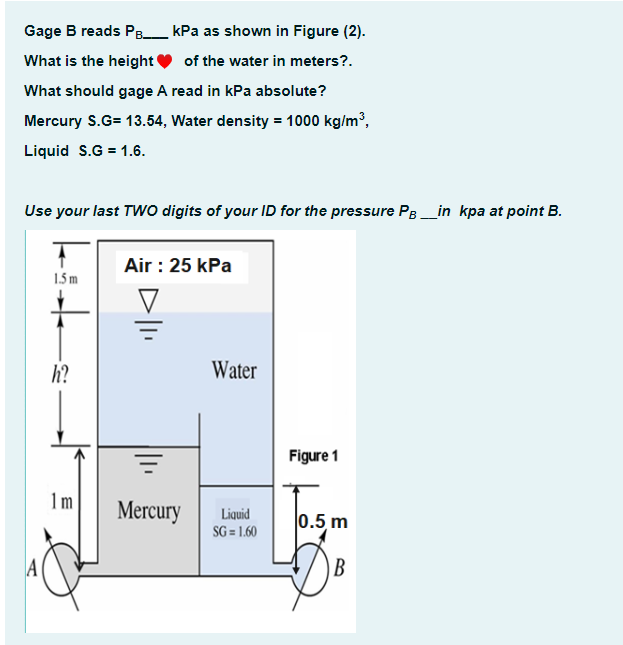 Gage B reads PB______ kPa as shown in Figure (2).
What is the height of the water in meters?.
What should gage A read in kPa absolute?
Mercury S.G= 13.54, Water density = 1000 kg/m³,
Liquid S.G = 1.6.
Use your last TWO digits of your ID for the pressure PB__in kpa at point B.
Air : 25 kPa
1.5 m
V
+
h?
1m
Water
Mercury Liquid
SG= 1.60
Figure 1
0.5 m
B