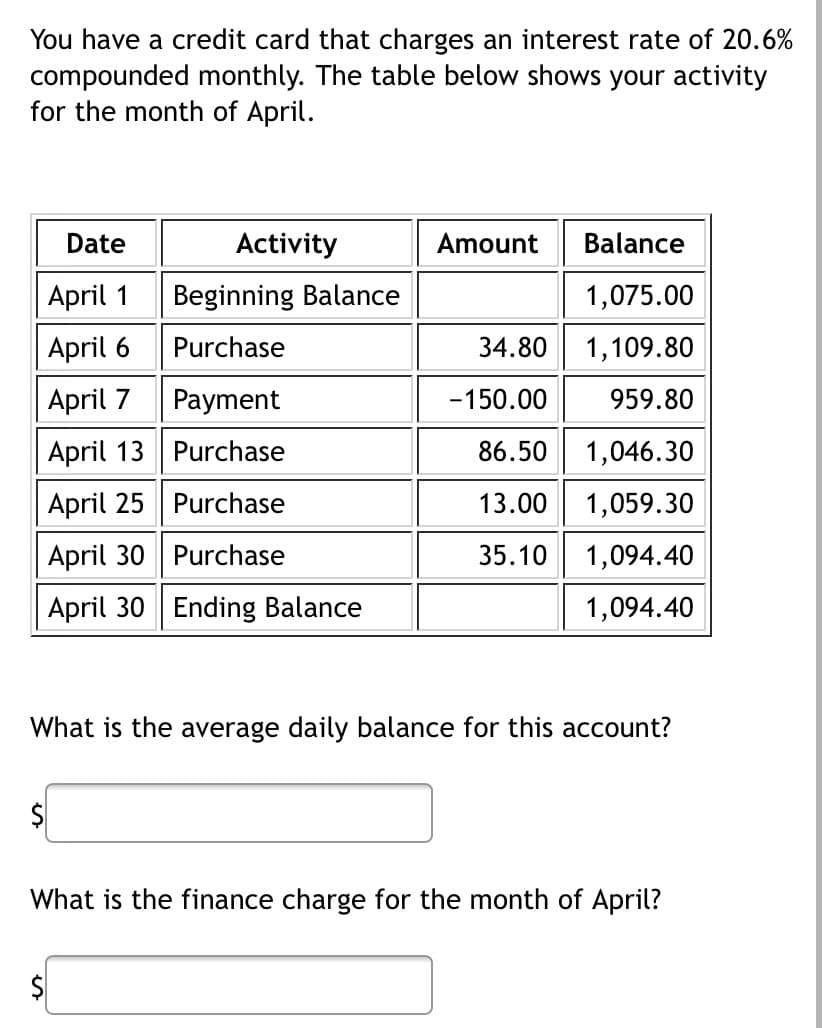 You have a credit card that charges an interest rate of 20.6%
compounded monthly. The table below shows your activity
for the month of April.
Date
April 1
April 6
April 7
Payment
April 13
Purchase
April 25
Purchase
April 30 Purchase
April 30 Ending Balance
Activity
Beginning Balance
Purchase
$
Balance
1,075.00
34.80 1,109.80
959.80
1,046.30
1,059.30
1,094.40
1,094.40
Amount
-150.00
86.50
13.00
35.10
What is the average daily balance for this account?
What is the finance charge for the month of April?