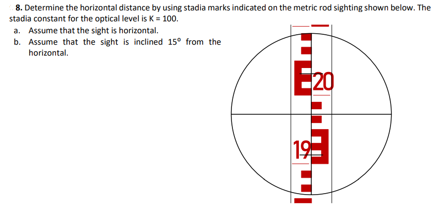 8. Determine the horizontal distance by using stadia marks indicated on the metric rod sighting shown below. The
stadia constant for the optical level is K = 100.
a. Assume that the sight is horizontal.
b. Assume that the sight is inclined 15⁰ from the
horizontal.
E₂
20
19-