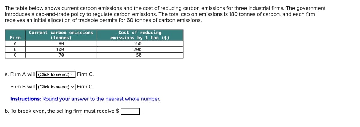 The table below shows current carbon emissions and the cost of reducing carbon emissions for three industrial firms. The government
introduces a cap-and-trade policy to regulate carbon emissions. The total cap on emissions is 180 tonnes of carbon, and each firm
receives an initial allocation of tradable permits for 60 tonnes of carbon emissions.
Current carbon emissions
Firm
(tonnes)
A
80
B
100
с
70
Cost of reducing
emissions by 1 ton ($)
150
200
50
a. Firm A will (Click to select) Firm C.
Firm B will (Click to select) ✓ Firm C.
Instructions: Round your answer to the nearest whole number.
b. To break even, the selling firm must receive $