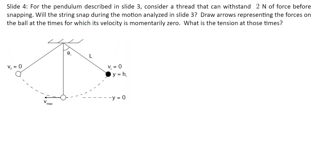 Slide 4: For the pendulum described in slide 3, consider a thread that can withstand 2 N of force before
snapping. Will the string snap during the motion analyzed in slide 3? Draw arrows representing the forces on
the ball at the times for which its velocity is momentarily zero. What is the tension at those times?
V max.
Ꮎ
L
V₁ = 0
y = h,
-y = 0