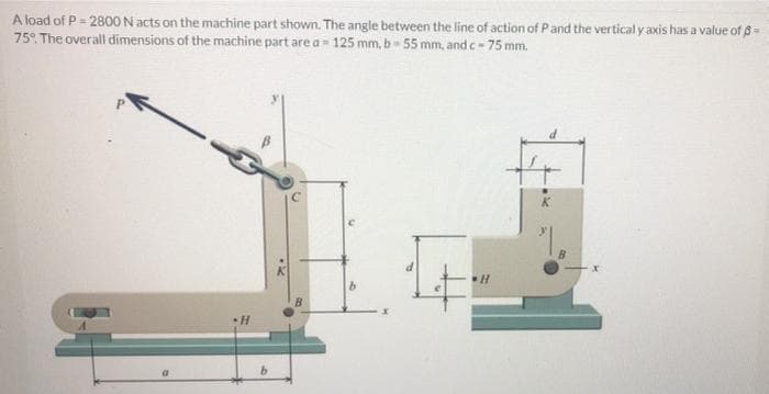 A load of P = 2800 N acts on the machine part shown. The angle between the line of action of Pand the vertical y axis has a value of -
75°. The overall dimensions of the machine part are a= 125 mm, b - 55 mm, and c-75 mm.
K
B.
