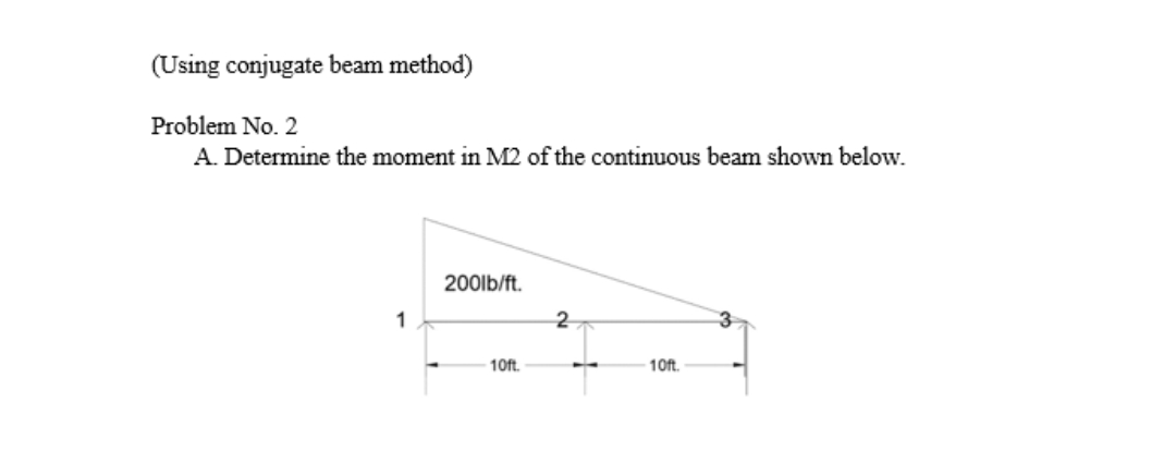 (Using conjugate beam method)
Problem No. 2
A. Determine the moment in M2 of the continuous beam shown below.
200lb/ft.
10ft.
10ft.
1
2