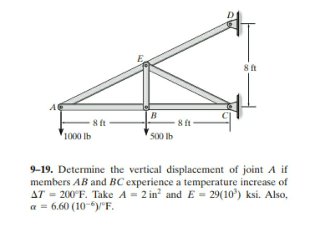 8 ft
B
8 ft
1000 lb
8 ft
500 lb
9-19. Determine the vertical displacement of joint A if
members AB and BC experience a temperature increase of
AT = 200°F. Take A = 2 in? and E = 29(10') ksi. Also,
a = 6.60 (10-6)/°F.
