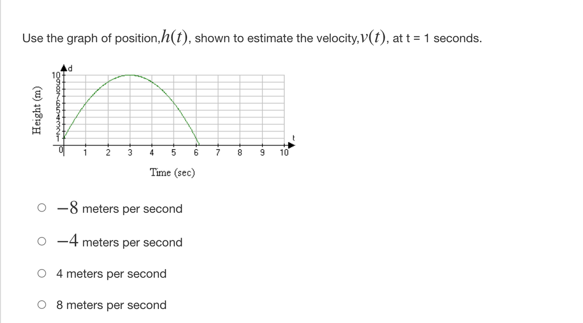 Use the graph of position,h(t), shown to estimate the velocity, V(t), at t = 1 seconds.
10
1
2
4
6
7
8
10
Time (sec)
O -8 meters per second
-4 meters per second
4 meters per second
8 meters per second
