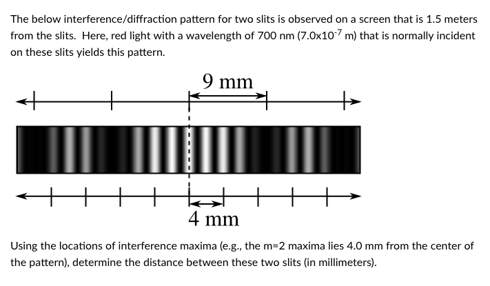 The below interference/diffraction pattern for two slits is observed on a screen that is 1.5 meters
from the slits. Here, red light with a wavelength of 700 nm (7.0x107 m) that is normally incident
on these slits yields this pattern.
+
+
9 mm
4 mm
Using the locations of interference maxima (e.g., the m=2 maxima lies 4.0 mm from the center of
the pattern), determine the distance between these two slits (in millimeters).