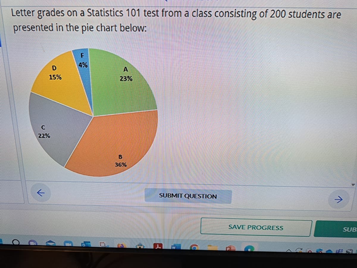 Letter grades on a Statistics 101 test from a class consisting of 200 students are
presented in the pie chart below:
D
15%
C
22%
F
4%
A
23%
B
36%
SUBMIT QUESTION
SAVE PROGRESS
ㅋ
SUB