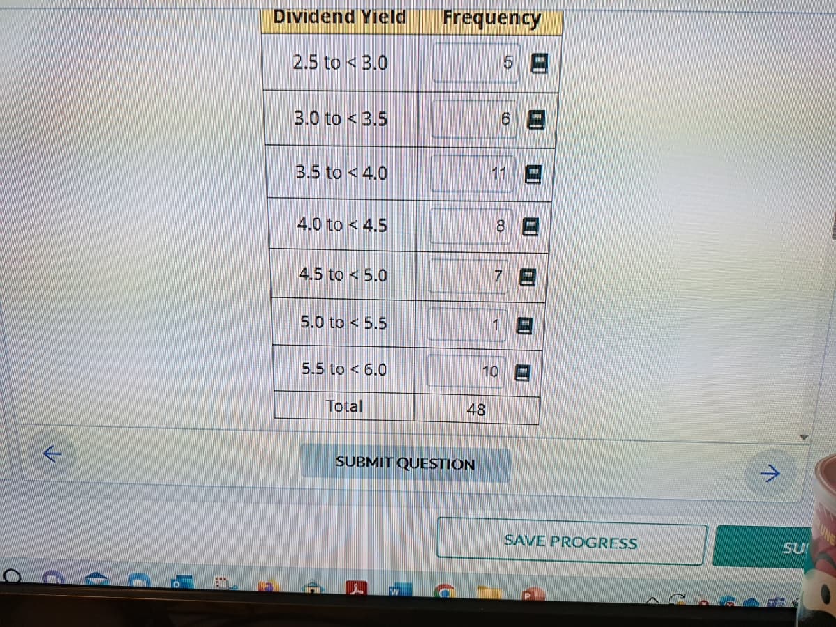 Dividend Yield
2.5 to 3.0
3.0 to 3.5
3.5 to 4.0
4.0 to 4.5
4.5 to 5.0
5.0 to 5.5
5.5 to 6.0
Total
Frequency
5
48
SUBMIT QUESTION
11
6
8
7
1
10
SAVE PROGRESS
V
SU