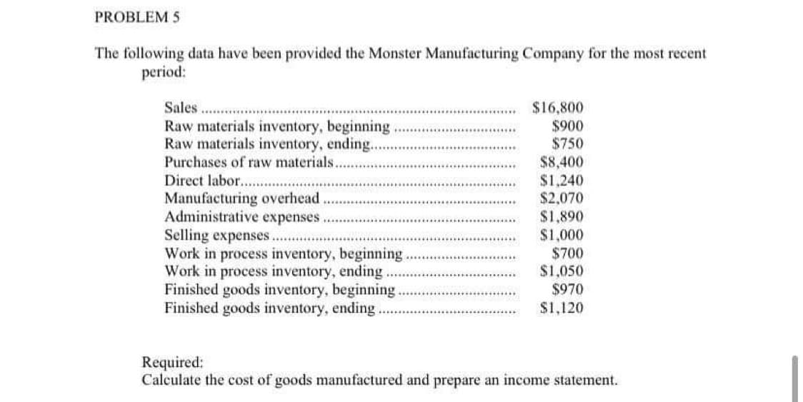 PROBLEM 5
The following data have been provided the Monster Manufacturing Company for the most recent
period:
Sales
Raw materials inventory, beginning
Raw materials inventory, ending..
Purchases of raw materials.
Direct labor.....
Manufacturing overhead
Administrative expenses.
Selling expenses.....
Work in process inventory, beginning
Work in process inventory, ending
Finished goods inventory, beginning.
Finished goods inventory, ending.
$16,800
$900
$750
$8,400
$1,240
$2,070
$1,890
$1,000
$700
$1,050
$970
$1,120
Required:
Calculate the cost of goods manufactured and prepare an income statement.