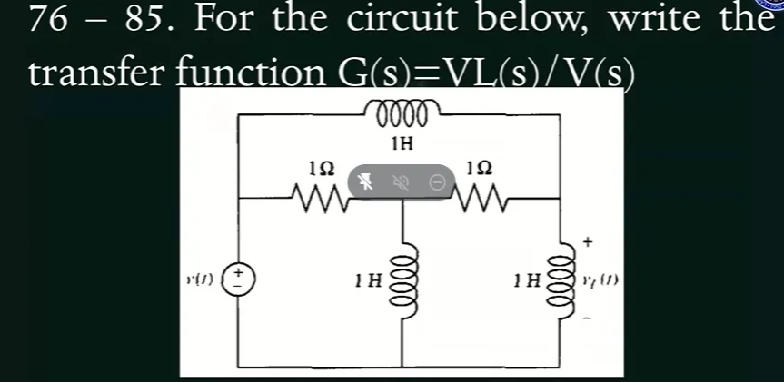 76 – 85. For the circuit below, write the
transfer function G(s)=VL(s)/V(s)
1H
12
1 H
1H
