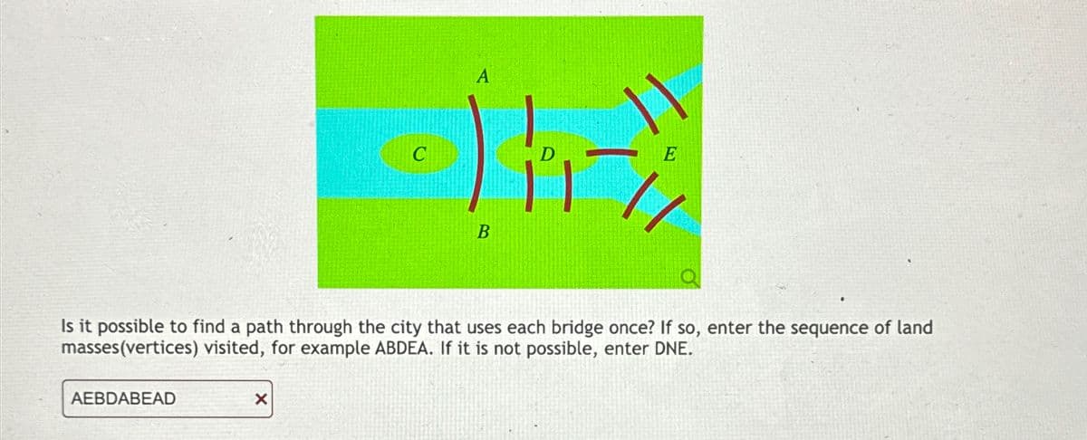C
A
小嶝
B
it possible to find a path through the city that uses each bridge once? If so, enter the sequence of land
masses(vertices) visited, for example ABDEA. If it is not possible, enter DNE.
AEBDABEAD