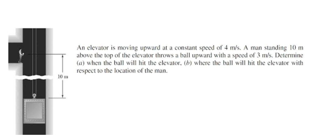 An elevator is moving upward at a constant speed of 4 m/s. A man standing 10 m
above the top of the elevator throws a ball upward with a speed of 3 m/s. Determine
(a) when the ball will hit the elevator, (b) where the ball will hit the elevator with
respect to the location of the man.
10 m
