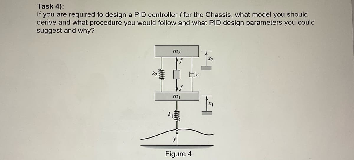 Task 4):
If you are required to design a PID controller f for the Chassis, what model you should
derive and what procedure you would follow and what PID design parameters you could
suggest and why?
m2
X2
k2
f
m1
X1
ki
Figure 4
ww
