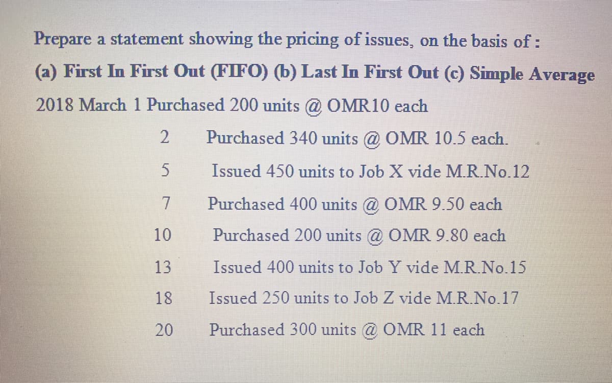 Prepare a statement showing the pricing of issues, on the basis of:
(a) First In First Out (FIFO) (b) Last In First Out (c) Simple Average
2018 March 1 Purchased 200 units @ OMR10 each
2
Purchased 340 units @ OMR 10.5 each.
5
Issued 450 units to Job X vide M.R.No.12
7
Purchased 400 units @ OMR 9.50 each
Purchased 200 units @ OMR 9.80 each
10
13
Issued 400 units to Job Y vide M.R.No.15
Issued 250 units to Job Z vide M.R.No.17
18
20
Purchased 300 units @ OMR 11 each