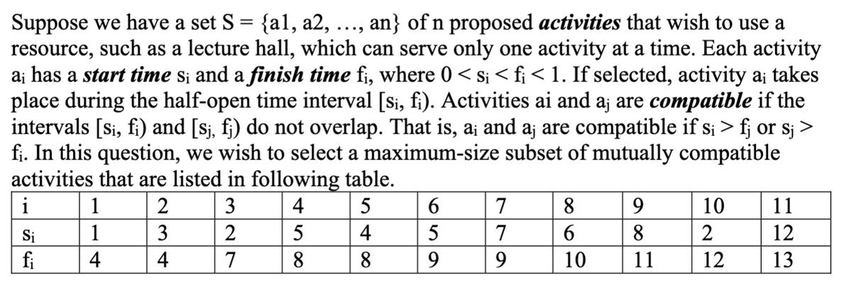 Suppose we have a set S = {al, a2, ...,
resource, such as a lecture hall, which can serve only one activity at a time. Each activity
a; has a start time s¡ and a finish time f¡, where 0 < s¡ < f¡< 1. If selected, activity a; takes
place during the half-open time interval [si, fi). Activities ai and aj are compatible if the
intervals [si, fi) and [sj, f¡) do not overlap. That is, a¡ and aj are compatible if s; > fj or sj >
fj. In this question, we wish to select a maximum-size subset of mutually compatible
activities that are listed in following table.
an} of n proposed activities that wish to use a
8.
6.
i
1
2
3
4
5
7
9.
10
11
Si
1
3
2
5
4
5
7
8
12
fi
4
4
7
8.
8
9.
9.
10
11
12
13
