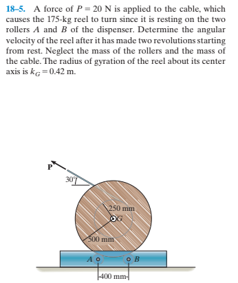 18-5. A force of P = 20 N is applied to the cable, which
causes the 175-kg reel to turn since it is resting on the two
rollers A and B of the dispenser. Determine the angular
velocity of the reel after it has made two revolutions starting
from rest. Neglect the mass of the rollers and the mass of
the cable. The radius of gyration of the reel about its center
axis is kg = 0.42 m.
30
250 mm
OG
S00 mm
400 mm
