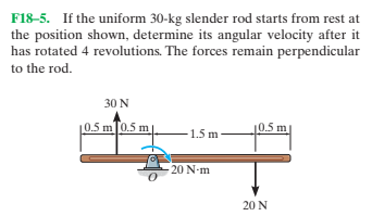 F18-5. If the uniform 30-kg slender rod starts from rest at
the position shown, determine its angular velocity after it
has rotated 4 revolutions. The forces remain perpendicular
to the rod.
30 N
10.5 mTo.5 m
10.5 m
1.5 m
20 N-m
20 N
