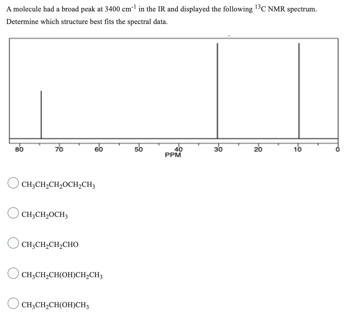 A molecule had a broad peak at 3400 cm-¹ in the IR and displayed the following ¹3C NMR spectrum.
Determine which structure best fits the spectral data.
80
70
CH3CH₂CH₂OCH₂CH3
CH3CH₂OCH3
CH3CH,CH,CHO
CH3CH₂CH(OH)CH₂CH3
CH3CH₂CH(OH)CH3
50
40
PPM
30
20
10