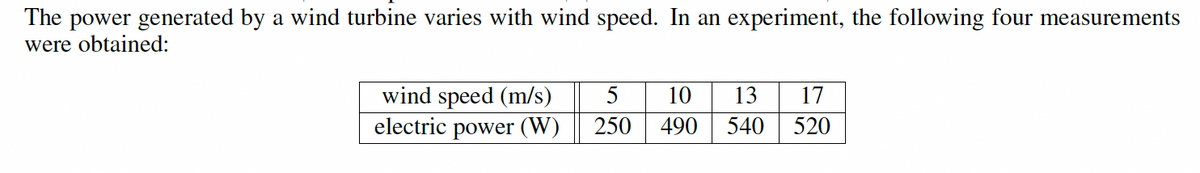 The power generated by a wind turbine varies with wind speed. In an experiment, the following four measurements
were obtained:
wind speed (m/s)
5
10
13
electric power (W)
250
490
540
17
520