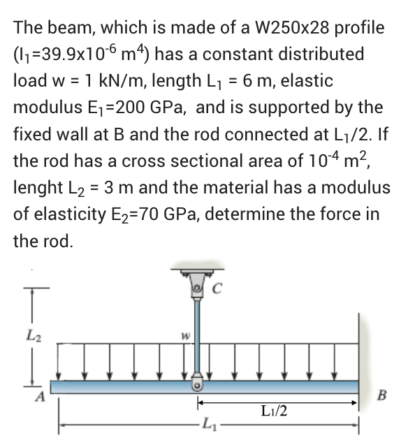 The beam, which is made of a W250x28 profile
(1=39.9x106 m4) has a constant distributed
load w = 1 kN/m, length L₁ = 6 m, elastic
modulus E₁ =200 GPa, and is supported by the
fixed wall at B and the rod connected at L₁/2. If
the rod has a cross sectional area of 104 m²,
lenght L2 = 3 m and the material has a modulus
of elasticity E2-70 GPa, determine the force in
the rod.
T
L2
W
C
Lu
L1/2
B