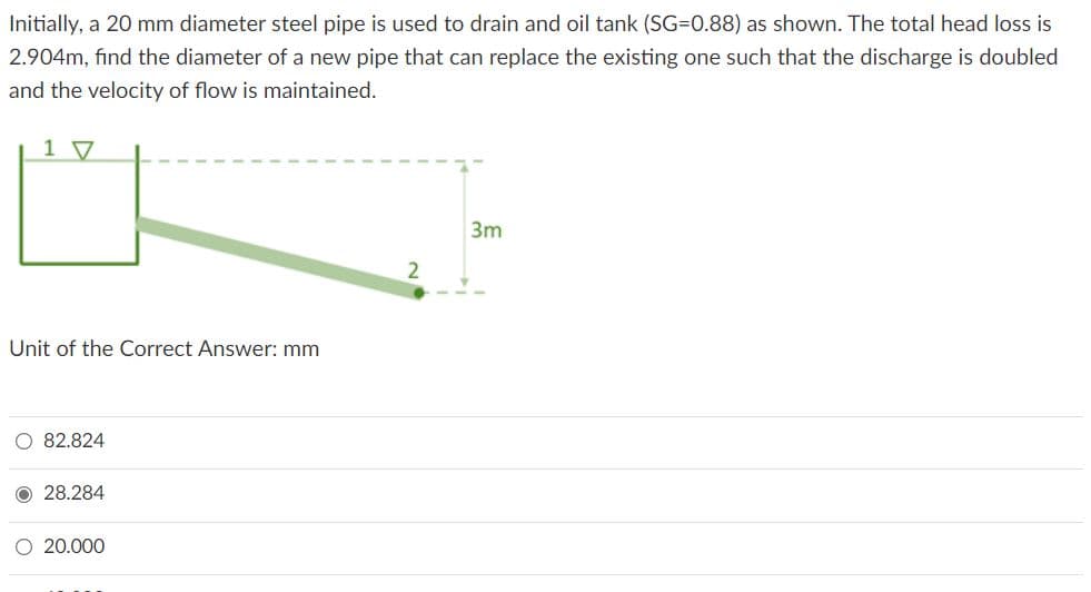Initially, a 20 mm diameter steel pipe is used to drain and oil tank (SG=0.88) as shown. The total head loss is
2.904m, find the diameter of a new pipe that can replace the existing one such that the discharge is doubled
and the velocity of flow is maintained.
1 V
3m
Unit of the Correct Answer: mm
O 82.824
O 28.284
O 20.000
