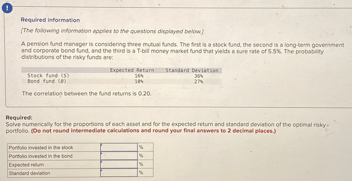 Required information
[The following information applies to the questions displayed below.]
A pension fund manager is considering three mutual funds. The first is a stock fund, the second is a long-term government
and corporate bond fund, and the third is a T-bill money market fund that yields a sure rate of 5.5%. The probability
distributions of the risky funds are:
Expected Return Standard Deviation
16%
10%
36%
27%
Stock fund (S)
Bond fund (B)
The correlation between the fund returns is 0.20.
Required:
Solve numerically for the proportions of each asset and for the expected return and standard deviation of the optimal risky
portfolio. (Do not round intermediate calculations and round your final answers to 2 decimal places.)
Portfolio invested in the stock
Portfolio invested in the bond
Expected return
Standard deviation
%
%
%
%