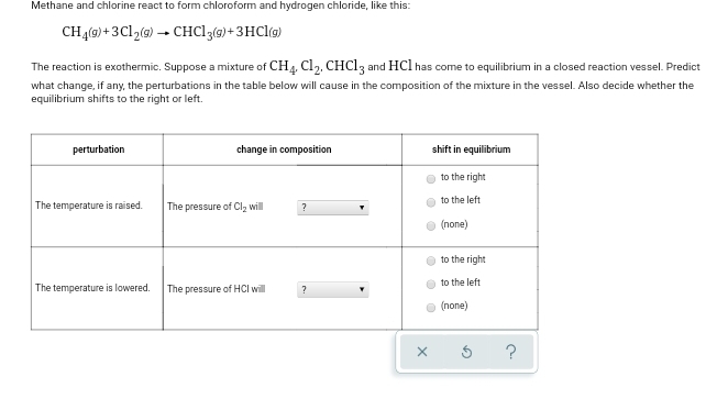 Methane and chlorine react to form chloroform and hydrogen chloride, like this:
CH4(g) +3C12(9) - CHC13(9)+ 3HCI@)
The reaction is exothermic. Suppose a mixture of CH, Cl,, CHCI, and HCl has come to equilibrium in a closed reaction vessel. Predict
what change, if any, the perturbations in the table below will cause in the composition of the mixture in the vessel. Also decide whether the
equilibrium shifts to the right or left.
perturbation
change in composition
shift in equilibrium
to the right
to the left
The temperature is raised.
The pressure of Cl, will
?
(none)
to the right
to the left
The temperature is lowered.
The pressure of HCI will
O (none)
