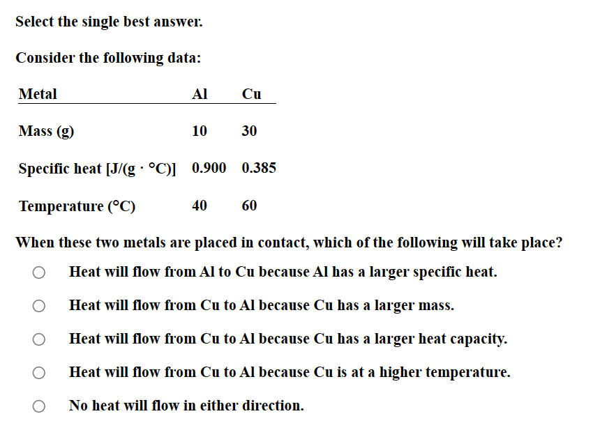 Select the single best answer.
Consider the following data:
Metal
ΑΙ
Cu
Mass (g)
10
30
·
Specific heat [J/(g °C)] 0.900 0.385
Temperature (°C)
40
60
When these two metals are placed in contact, which of the following will take place?
Heat will flow from Al to Cu because Al has a larger specific heat.
О
Heat will flow from Cu to Al because Cu has a larger mass.
О
Heat will flow from Cu to Al because Cu has a larger heat capacity.
О
Heat will flow from Cu to Al because Cu is at a higher temperature.
О
No heat will flow in either direction.